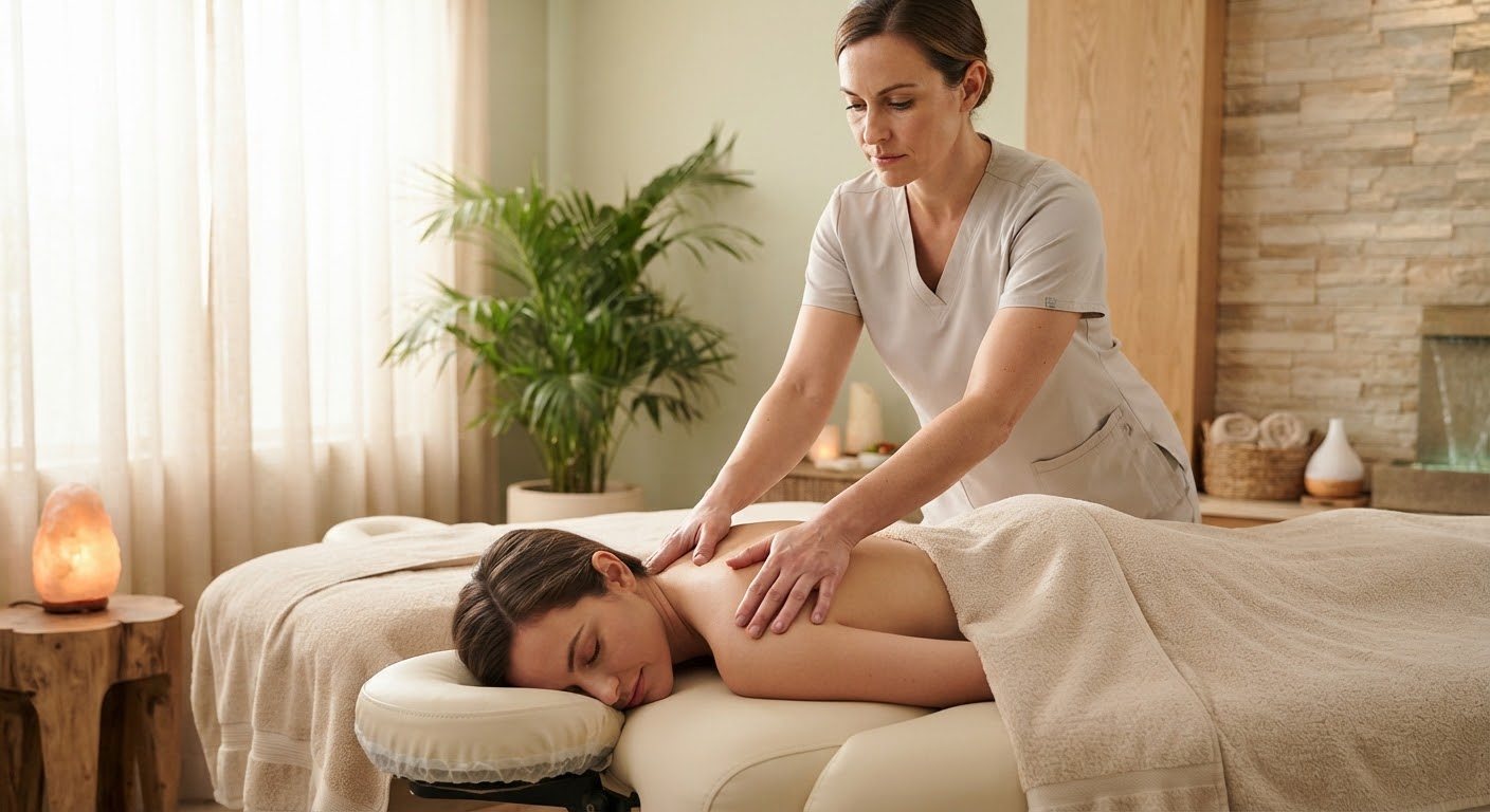 Therapist applying focused deep tissue pressure to a client's upper back