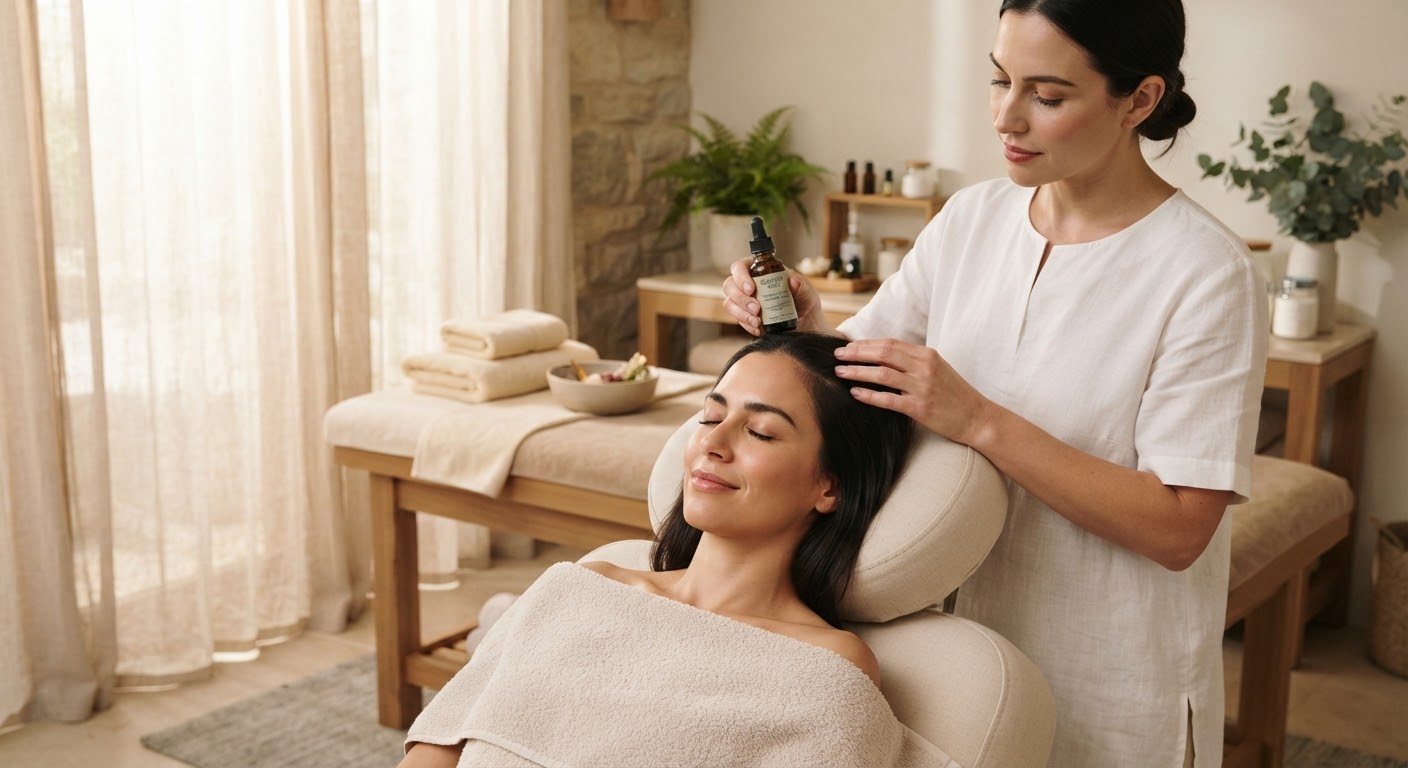 Therapist applying essential oil during a scalp and head treatment